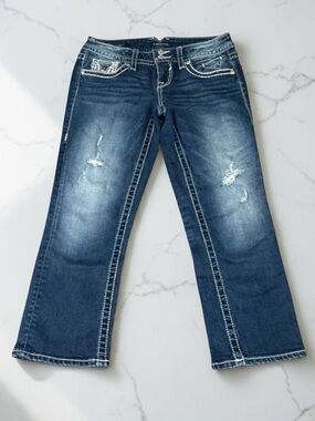 Vigoss Distressed Dark Wash The Chelsea Capri Blue Jeans